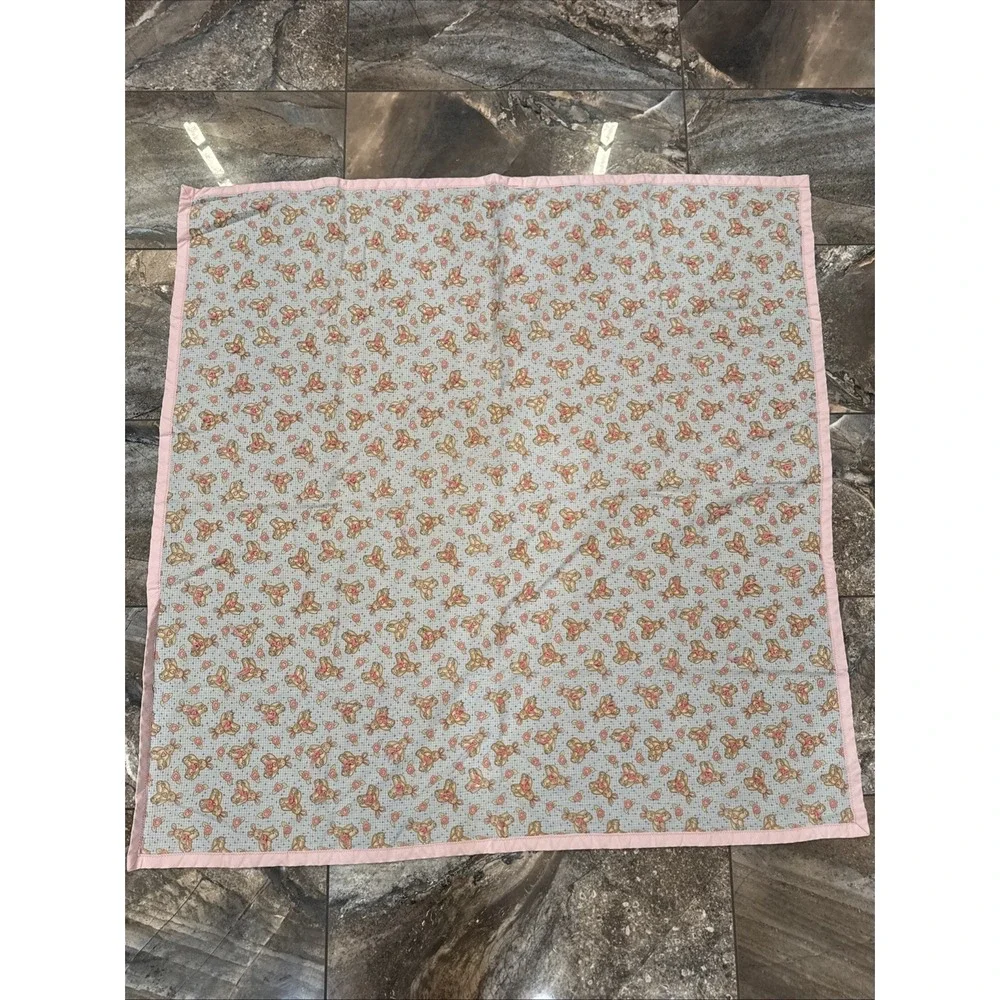 VTG Handmade Baby Blanket-pink Trim Bunny Rabbits Floral - 44